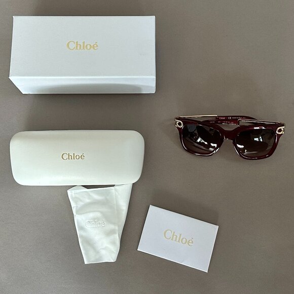 Chloe Burgundy Maroon Red Sunglasses With Gold Accent